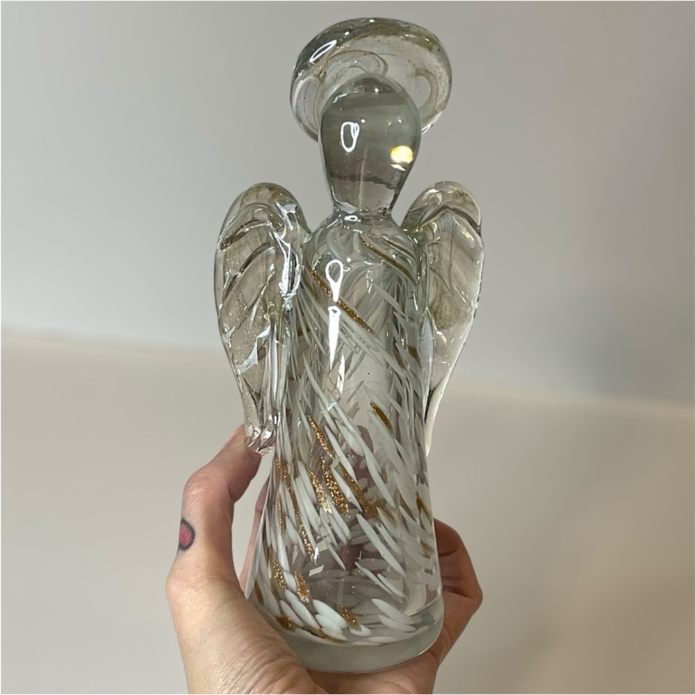 HQT Glass Angel Figurine with Gold Accents Hand Blown paperweight decoration